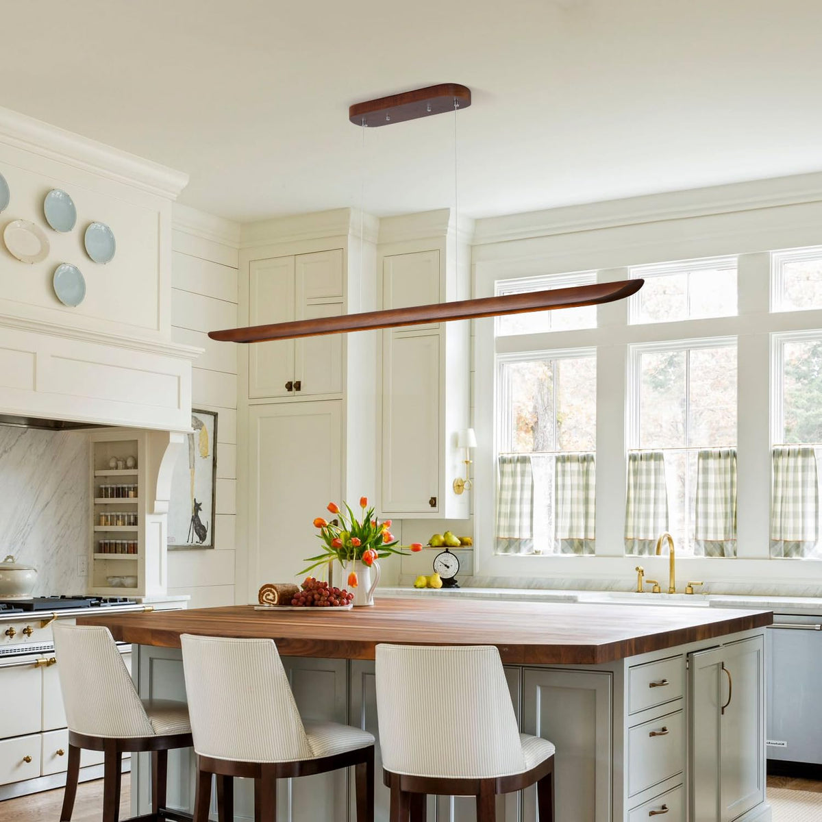 71" Wood Linear Pendant Light, Dimmable Kitchen Island Lighting with Remote, 40W LED Island Lights, Adjustable