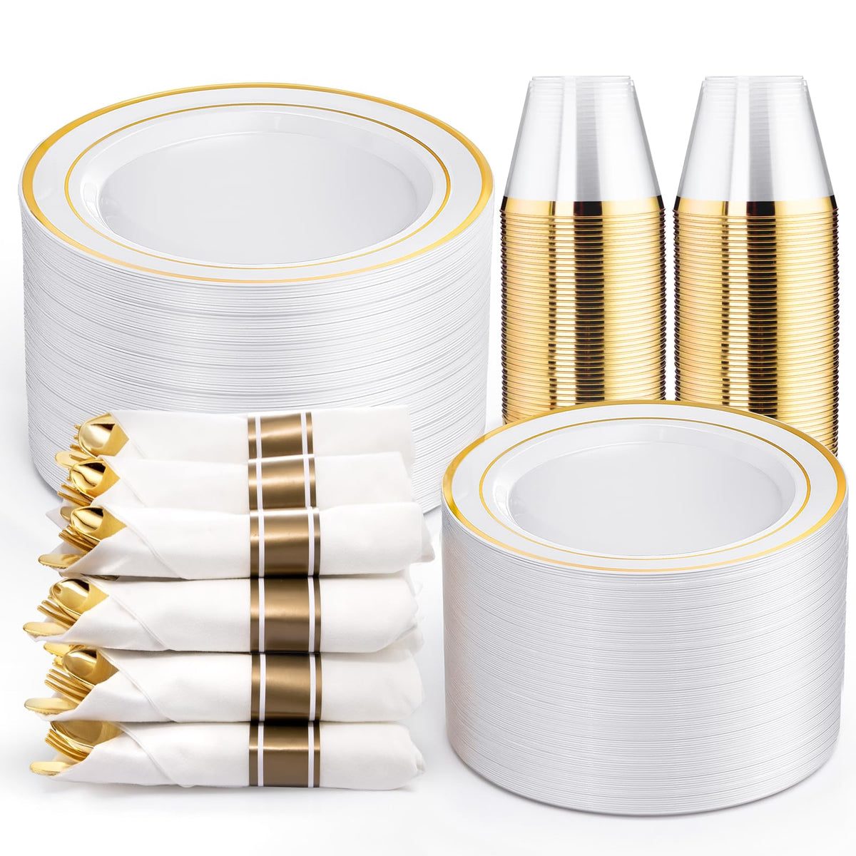 Disposable Plates & Gold Silverware Set, 350 Pieces for 50 Guests