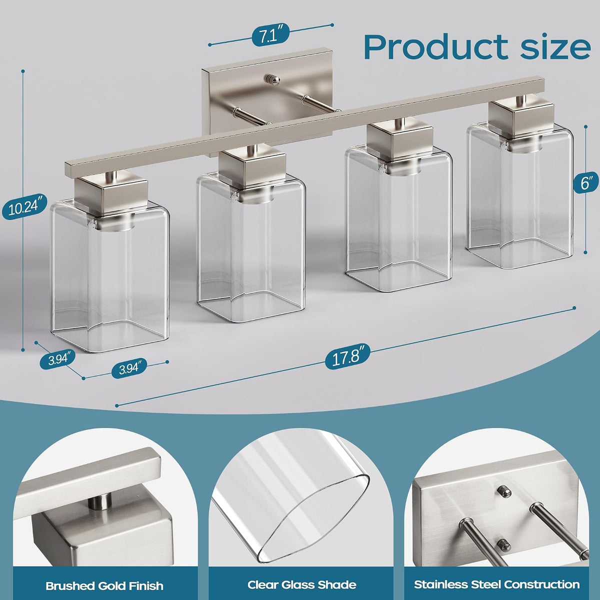 4-Light Bathroom Light Fixtures, Brushed Nickel Modern Vanity Lights, Bathroom Lighting Fixtures Over Mirror, Square