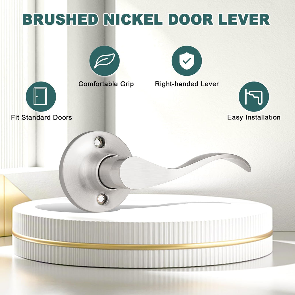 2 Pack Satin Nickel Dummy Door Handles Wave Right-Handed Lever Non-Turning Lock Interior Closet Door Handle Single