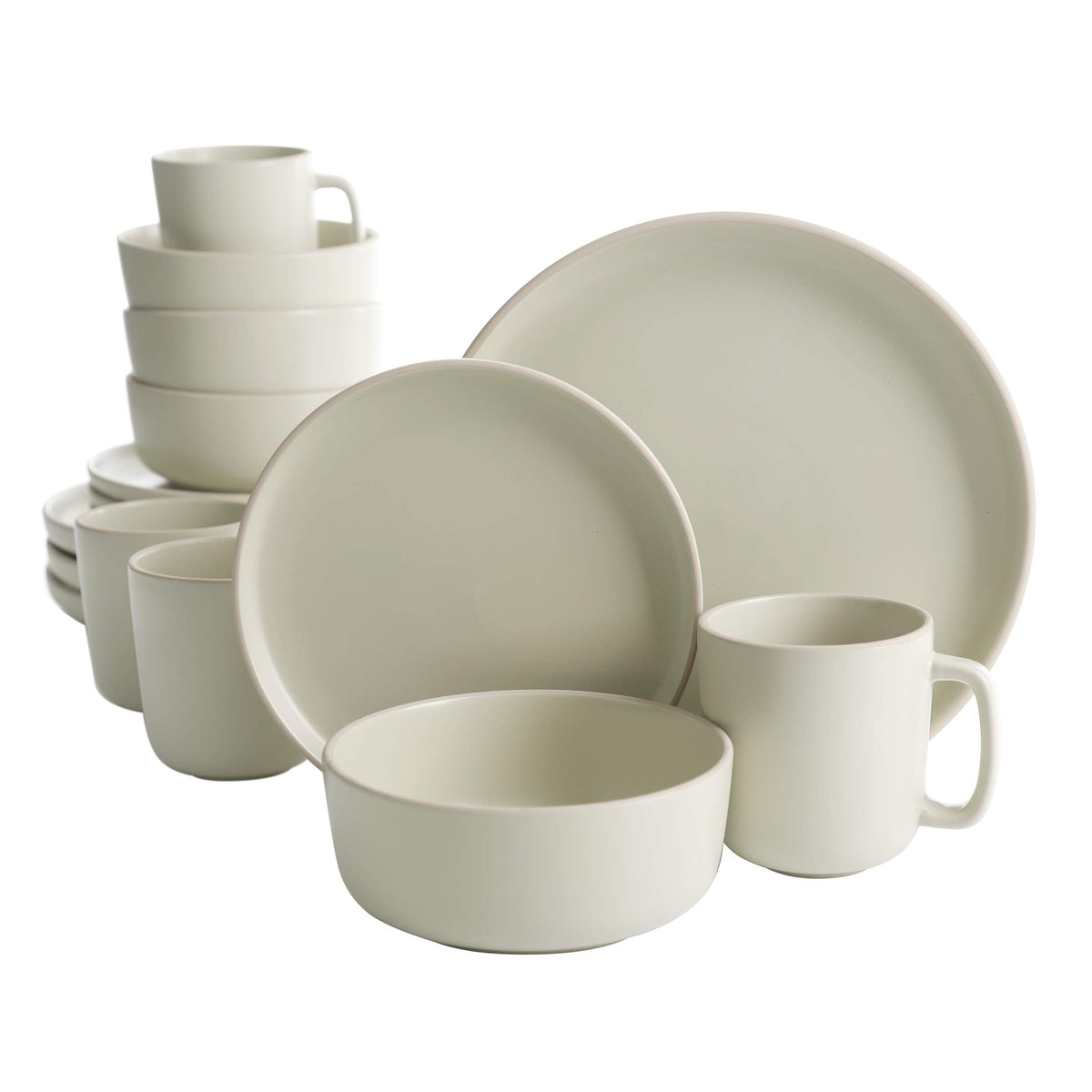 Zuma 16 Piece Round Kitchen Dinnerware Set, Dishes, Plates, Bowls, Mugs, Service for 4, Matte Stoneware, Cream