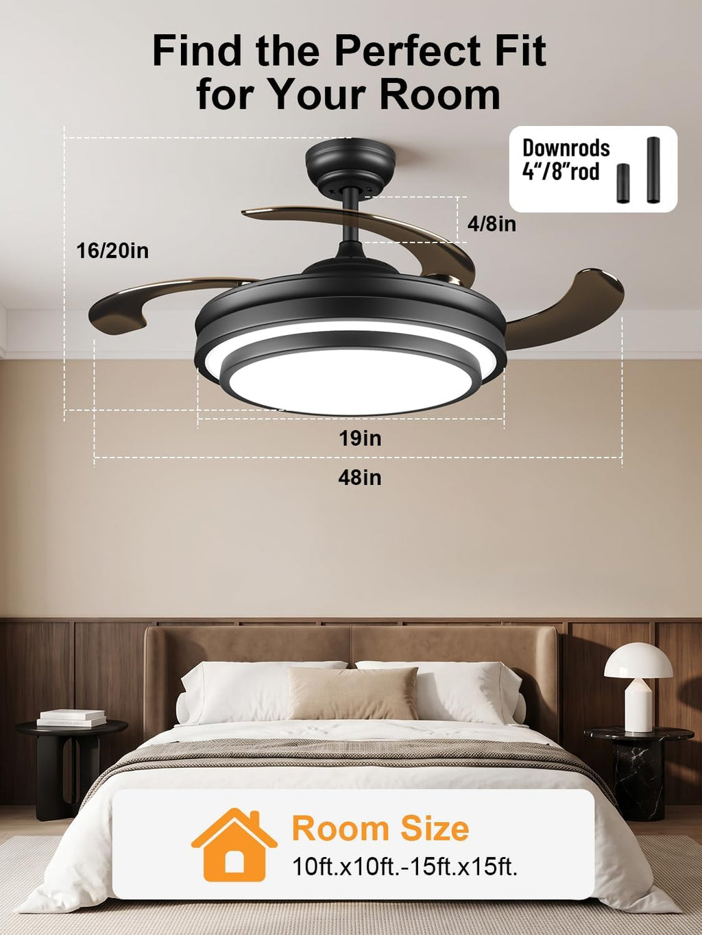48" Black Chandelier Retractable Ceiling Fan with Light & Remote