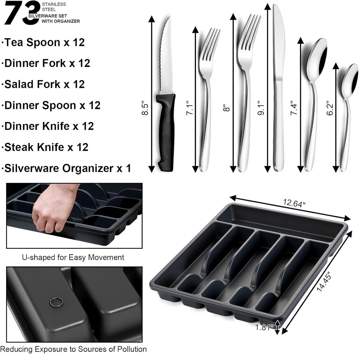 73-Piece Silverware Set with Organizer - Heavy Duty Stainless Steel Flatware Set Service for 12, Cutlery Utensil Sets
