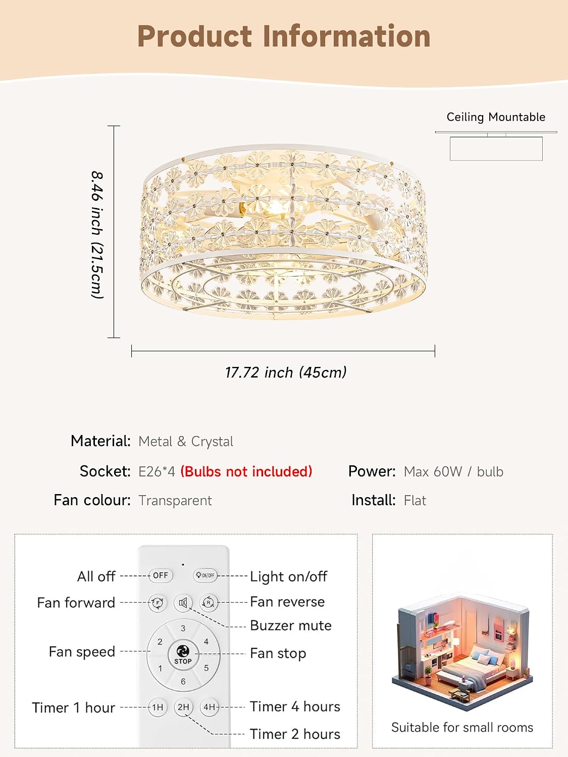 White Caged Crystal Ceiling Fan with Light & Remote