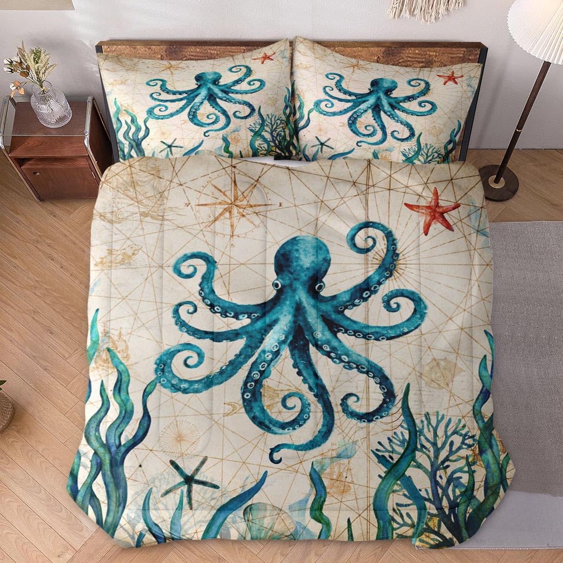 Comforter Set, 3 Pieces Ocean Beach Bedding, All Season