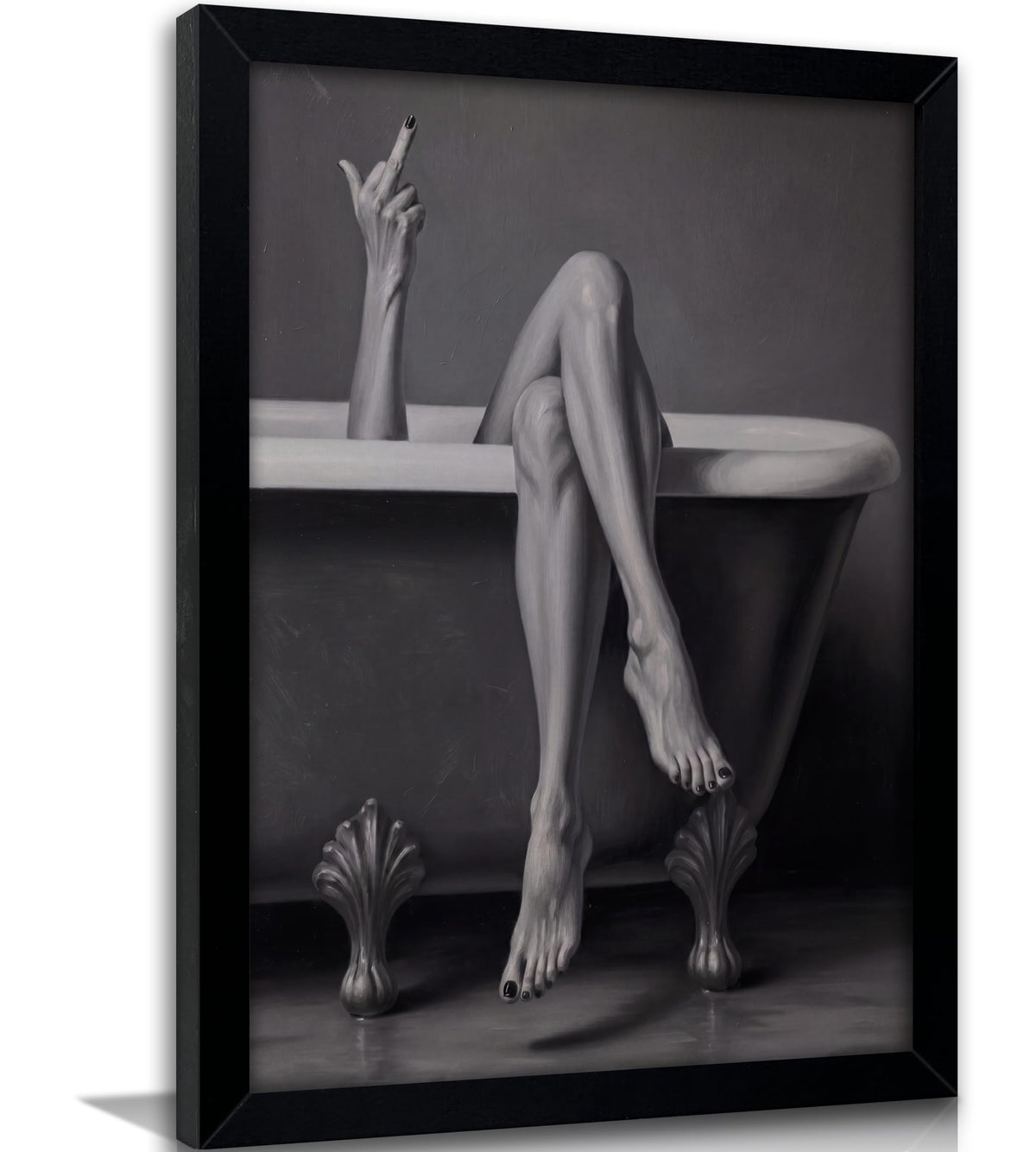 Framed, Black and White Bathroom Wall Art, Moody Legs in Tub Poster Canvas Wall Decor, Trendy Woman Middle Finger