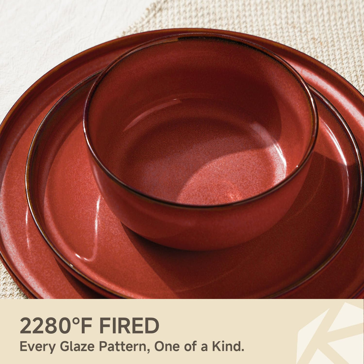 Stoneware Dinnerware Sets for 4, Reactive Glaze, Red