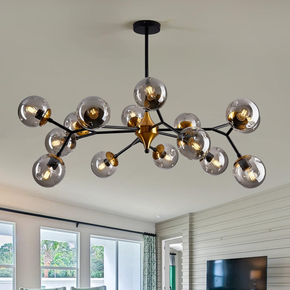 15 Light Sputnik Modern Large Chandelier, Mid Century Black and Gold Metal Ceiling Light Fixture with Glass Globe,Pendant Light Hanging for Dining Room Kitchen Living Room Bedroom Foyer