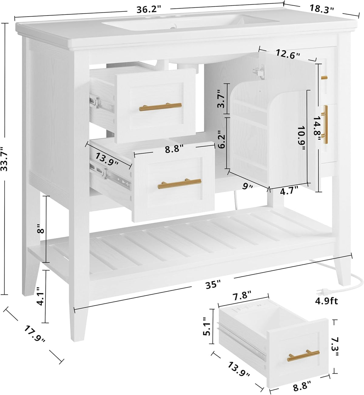 Bathroom Vanity with Sink, 36" Modern Undermount Bathroom Sink Cabinet with 4 Drawers&Open Shelf, Vanity Sink with Charging Station and Door Shelves, White