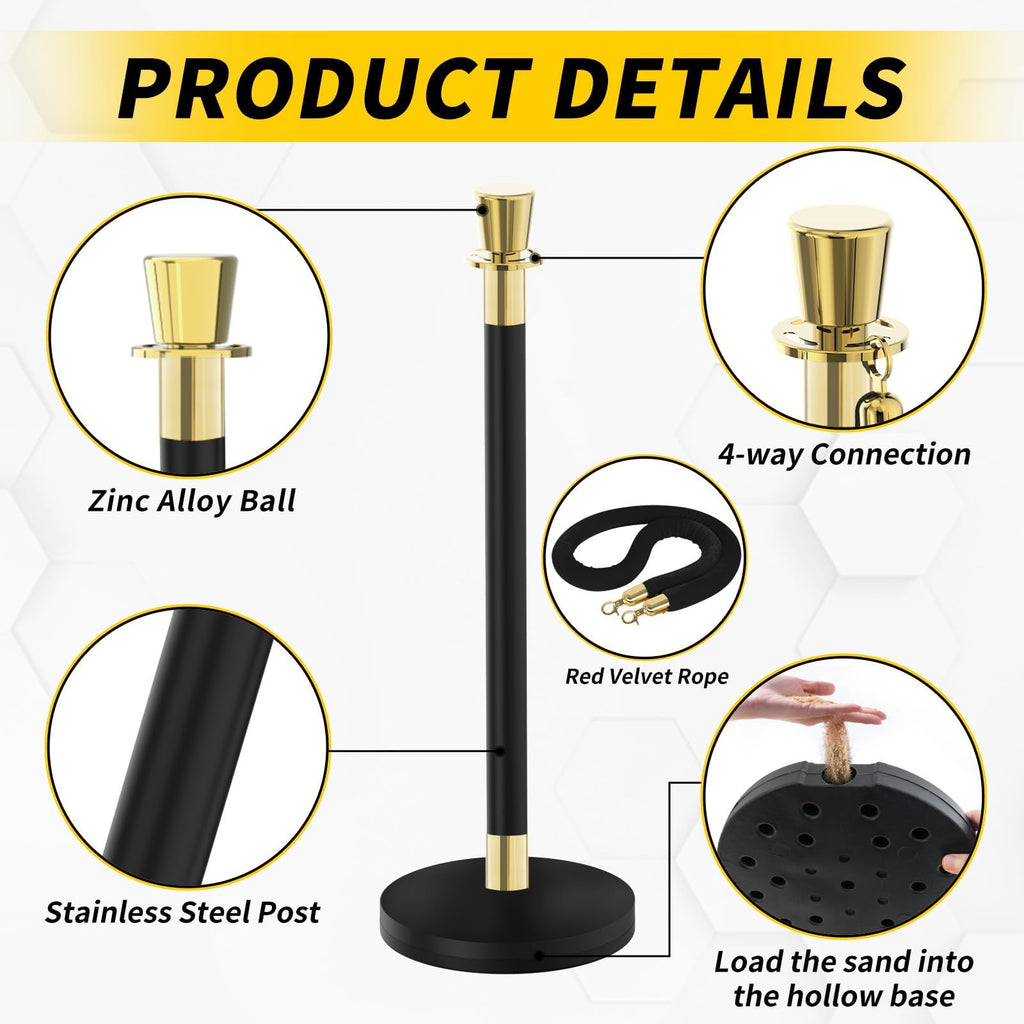 Black Stanchion, 5 ft Black Velvet Rope Red Carpet Ropes and Poles, Stainless Steel Stanchions Post Used for