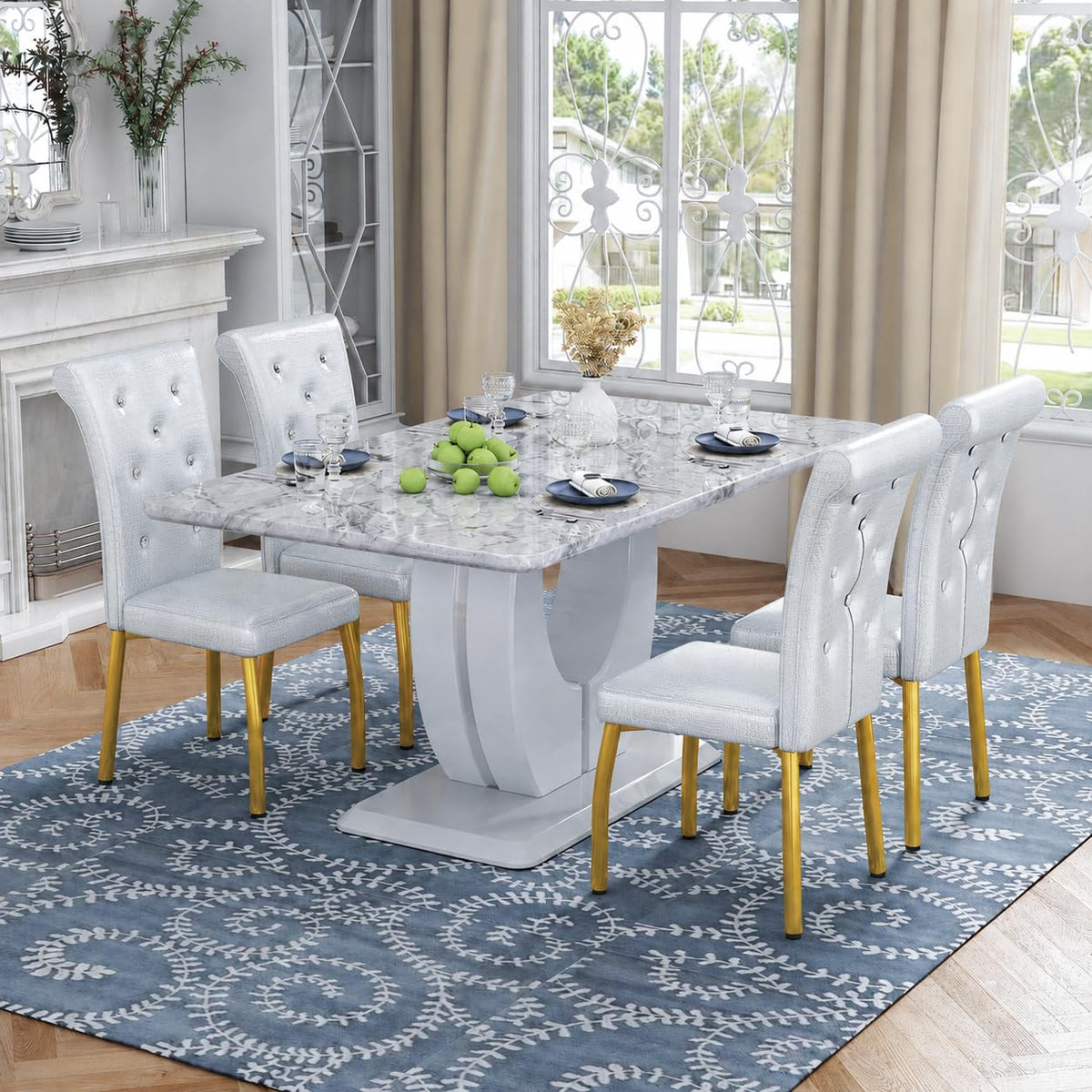 5 Piece Faux Marble Dining Table Set for 4, 63" Rectangular Kitchen Table and Chairs Set with 4 Tufted PU Leather