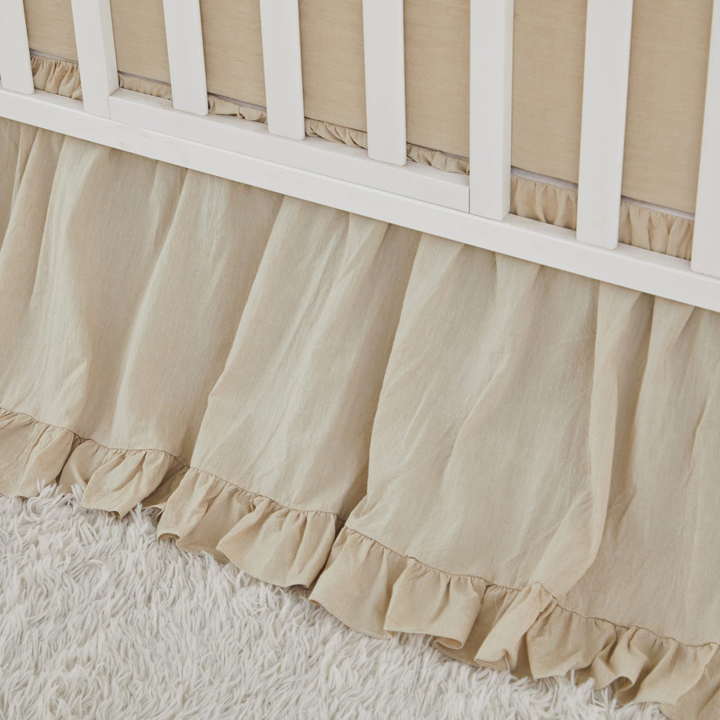 Boho Bohemian Girl Baby Nursery Crib Bed Skirt Dust Ruffle - Neutral Solid Color Beige Farmhouse Chic 100% Washed