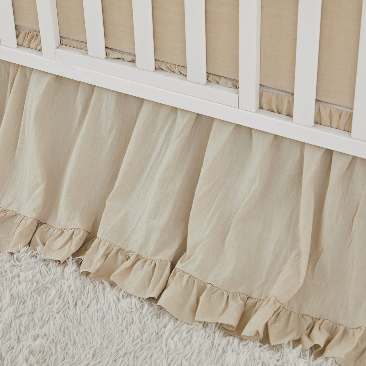 Boho Bohemian Girl Baby Nursery Crib Bed Skirt Dust Ruffle - Neutral Solid Color Beige Farmhouse Chic 100% Washed