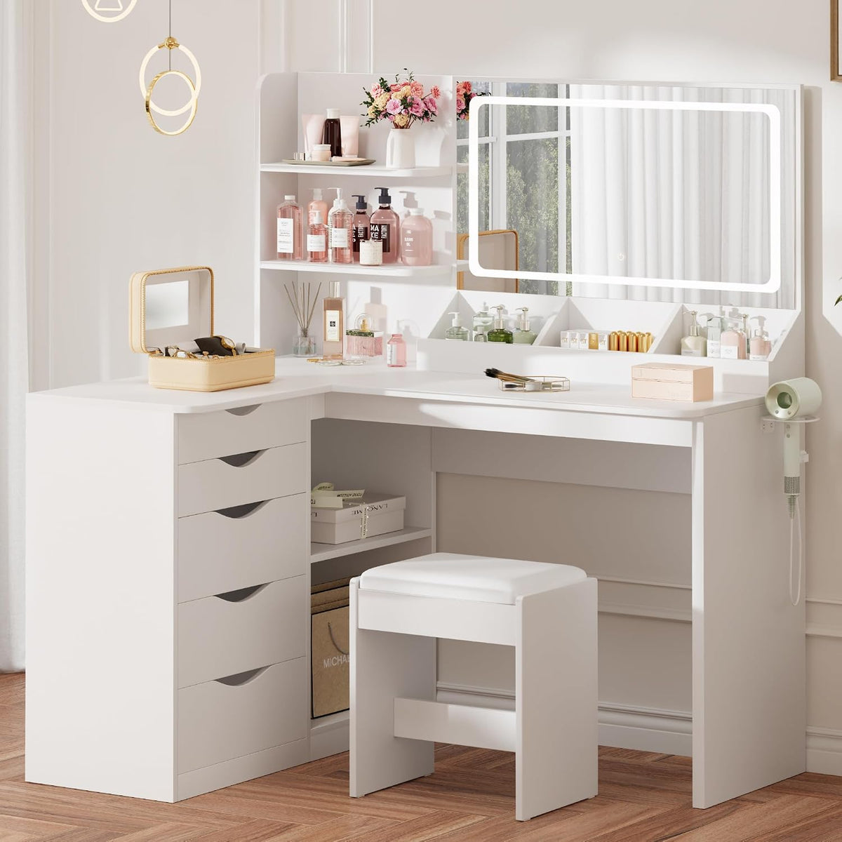 Vanity Desk with Mirror, L Shape Vanity, LED Lighted Mirror, with Fast Charging Power Outlet and 3 Storage Shelves