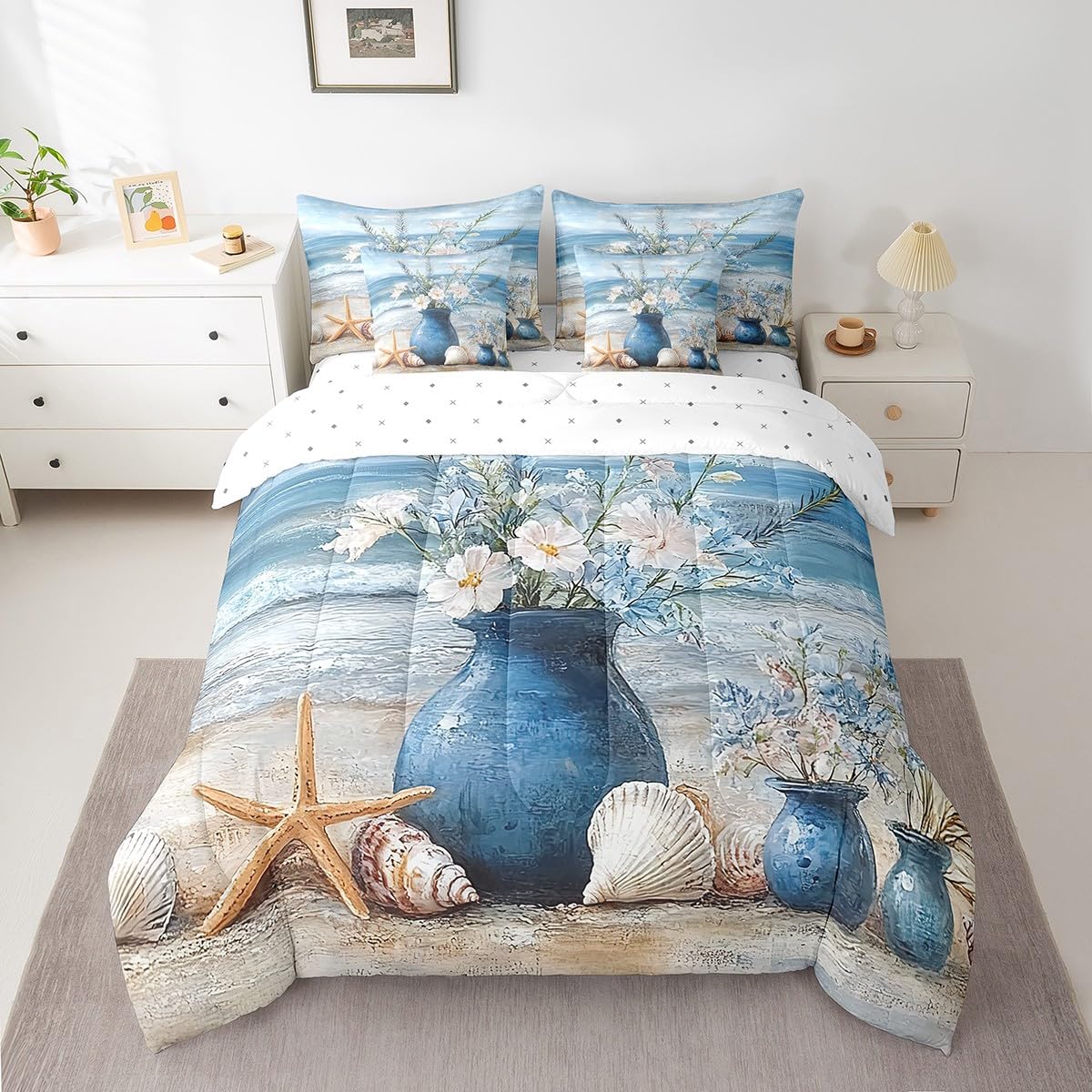 7 Piece Coastal Beach Floral Bedding Set, Ocean Waves Starfish Sea Shell Bed in a Bag with Sheets, Aesthetic