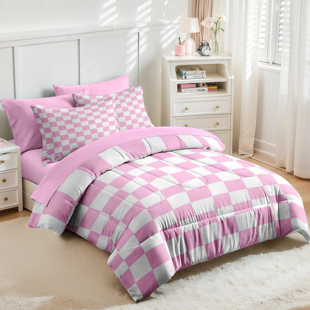 Comforter Set with Sheets, 7 Pieces Pink Plaid Bedding