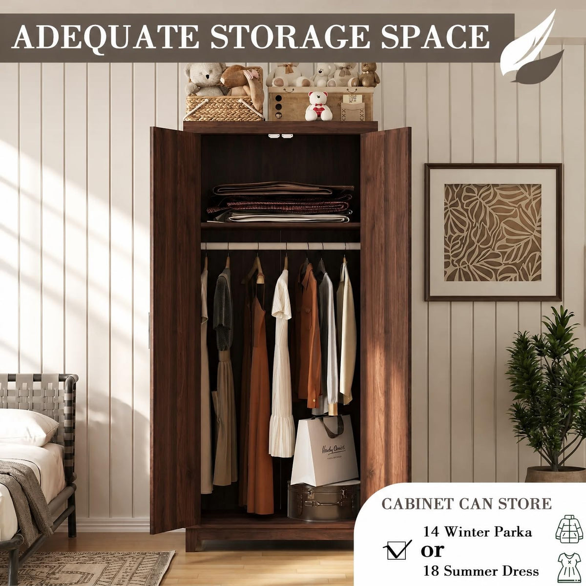 Dark Walnut Farmhouse Wooden Wardrobe with 2 Doors