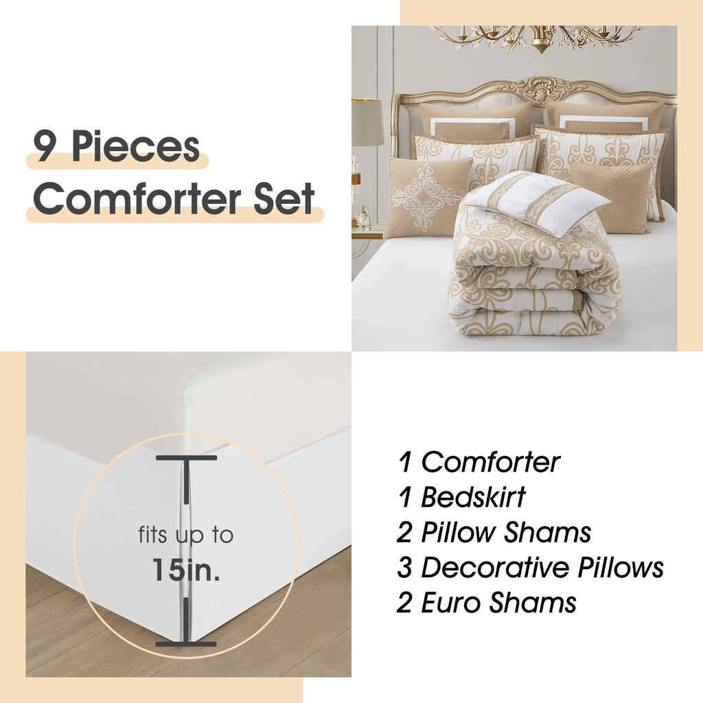 9 Piece Beige Gold Comforter Set, Luxury Jacquard Woven with Modern Scroll Design, Bed in a Bag for