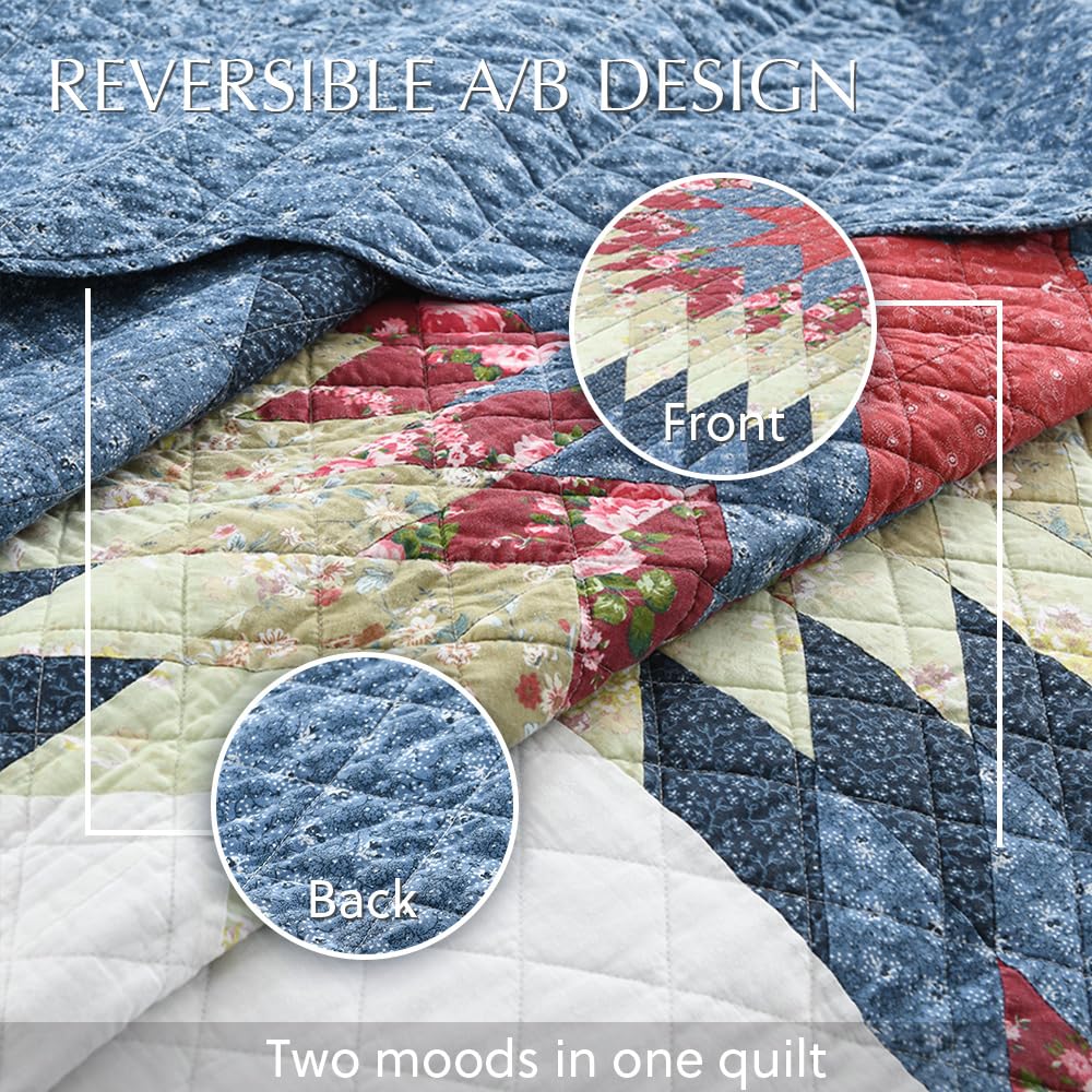 Cotton Quilt Bedding Sets 3 Pieces Soft Reversible Coverlets Luxury Star Handmade Real Patchwork Red Blue Bedspread