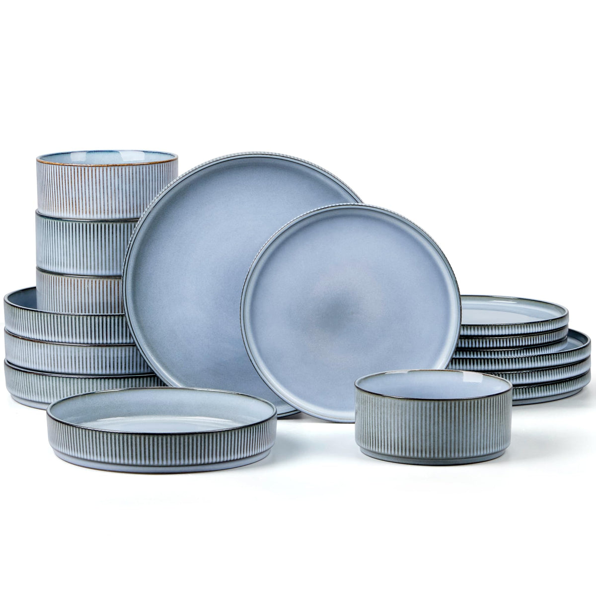 16 Piece Dinnerware Sets, Plates and Bowls with Pasta Bowls Service for 4, Modern Stoneware Ribbed Dishes Dining