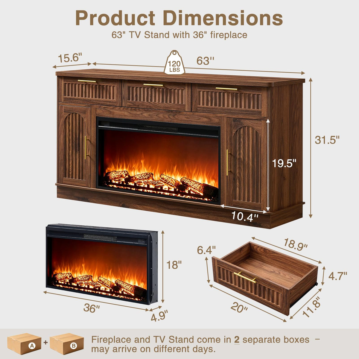 Fireplace TV Stand for 75" TV, 36" Electric Fireplace with Mantel, Walnut