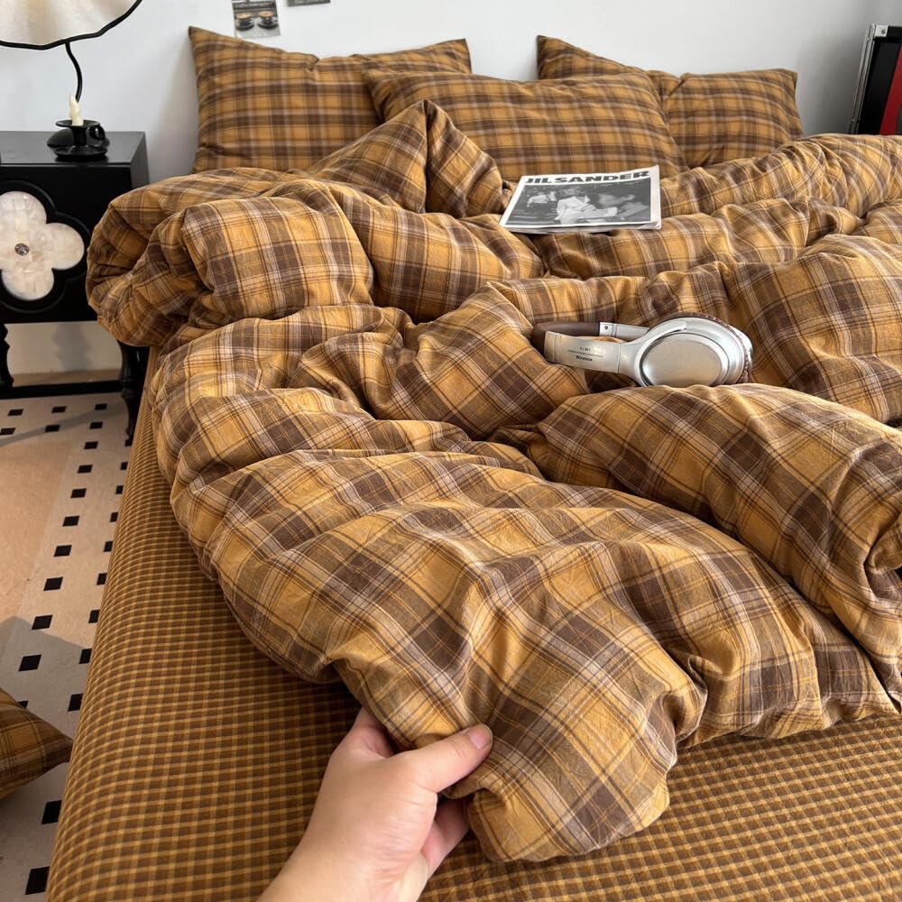 Brown Gingham Comforter Set, Tan Plaid Checked Bedding Set, Cabin Lodge Ultra Soft Lightweight Comforter, 3