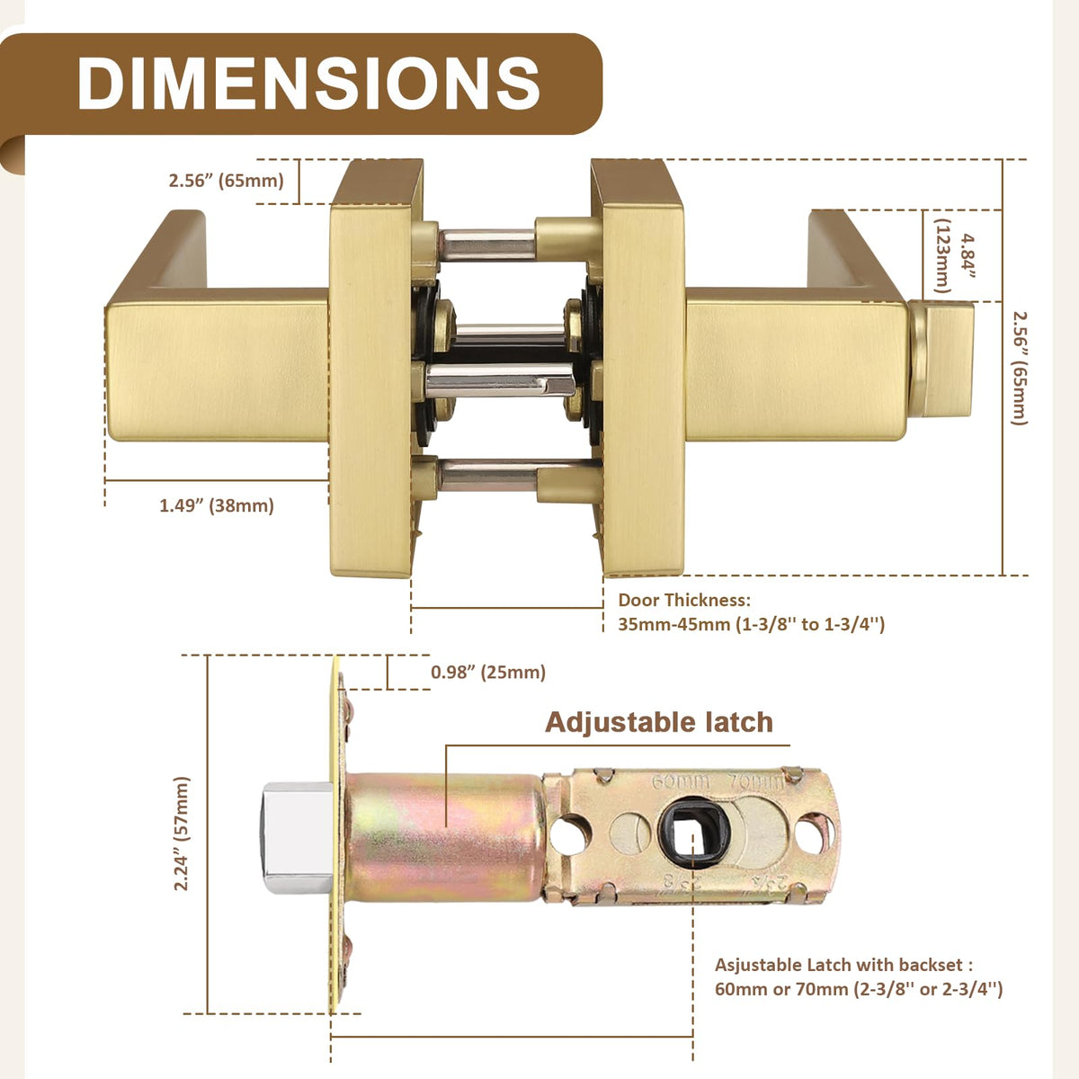 2 Pack Gold Entry Door Handles,Satin Brass Heavy Duty Interior Front Door Handles with Keys, Entrance Exterior