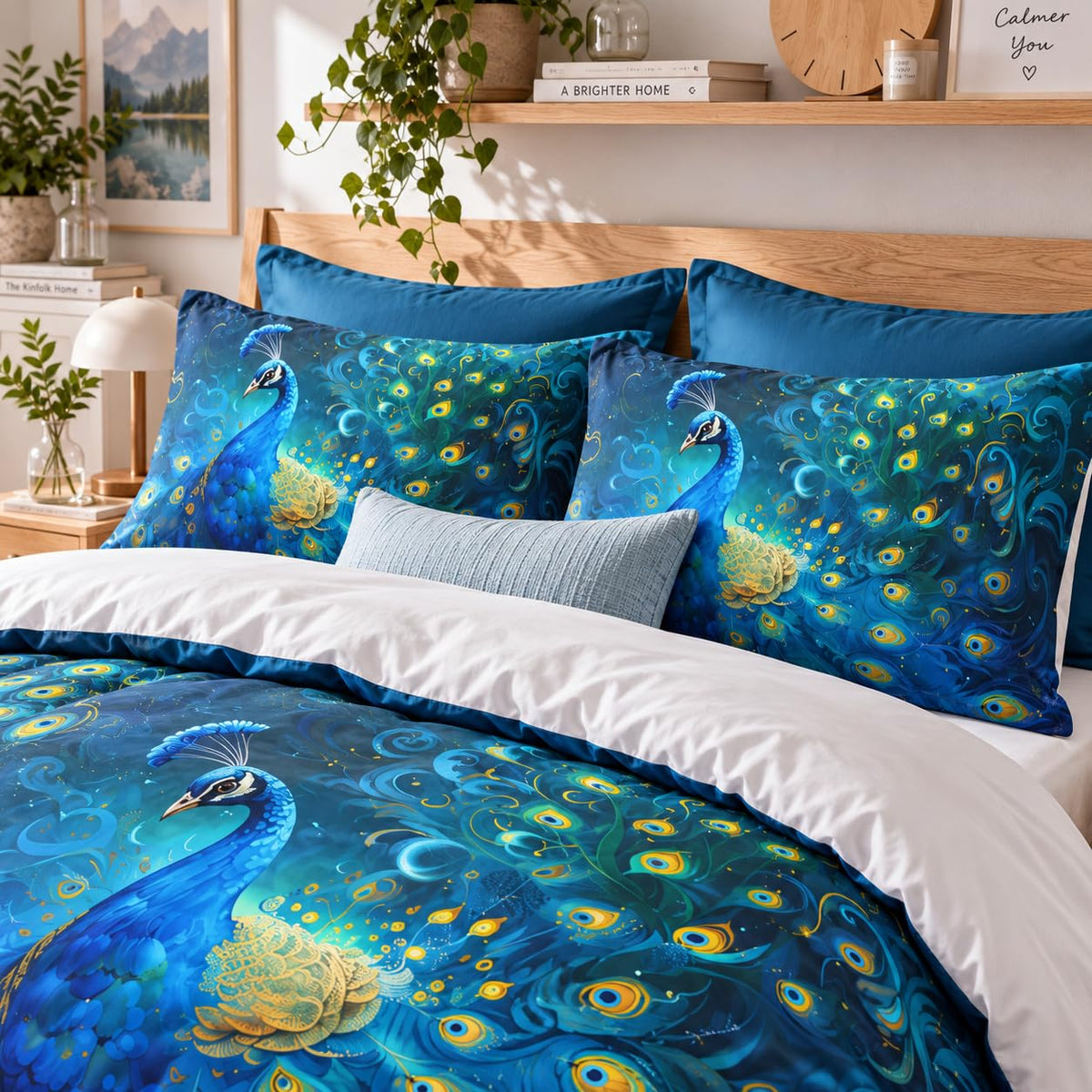 Blue Peacock Queen Size Comforter Set, Bird Animal Feather Bedding Sets, Victorian Ultra Soft Fluffy Microfiber