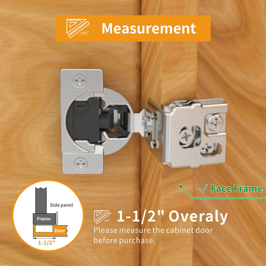 50 Pack 1-1/2" Overlay 4D Soft Close Concealed Hinges for Face Frame Door, Adjustable Closing Speed, Smooth Slow Self