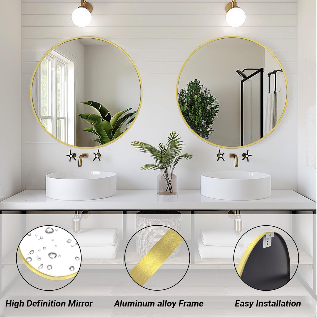 Large Round Mirror, Circle Mirror 30 inch, Brushed Gold Metal Frame
