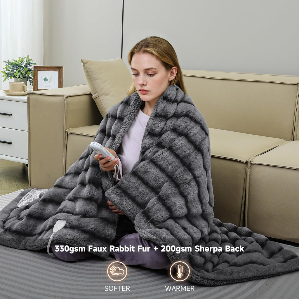 Heated Blanket Electric Throw- 50"x60" Soft Thick Faux Fur Electric Blanket for Sofa with 5 Heat Levels & 4 Hours