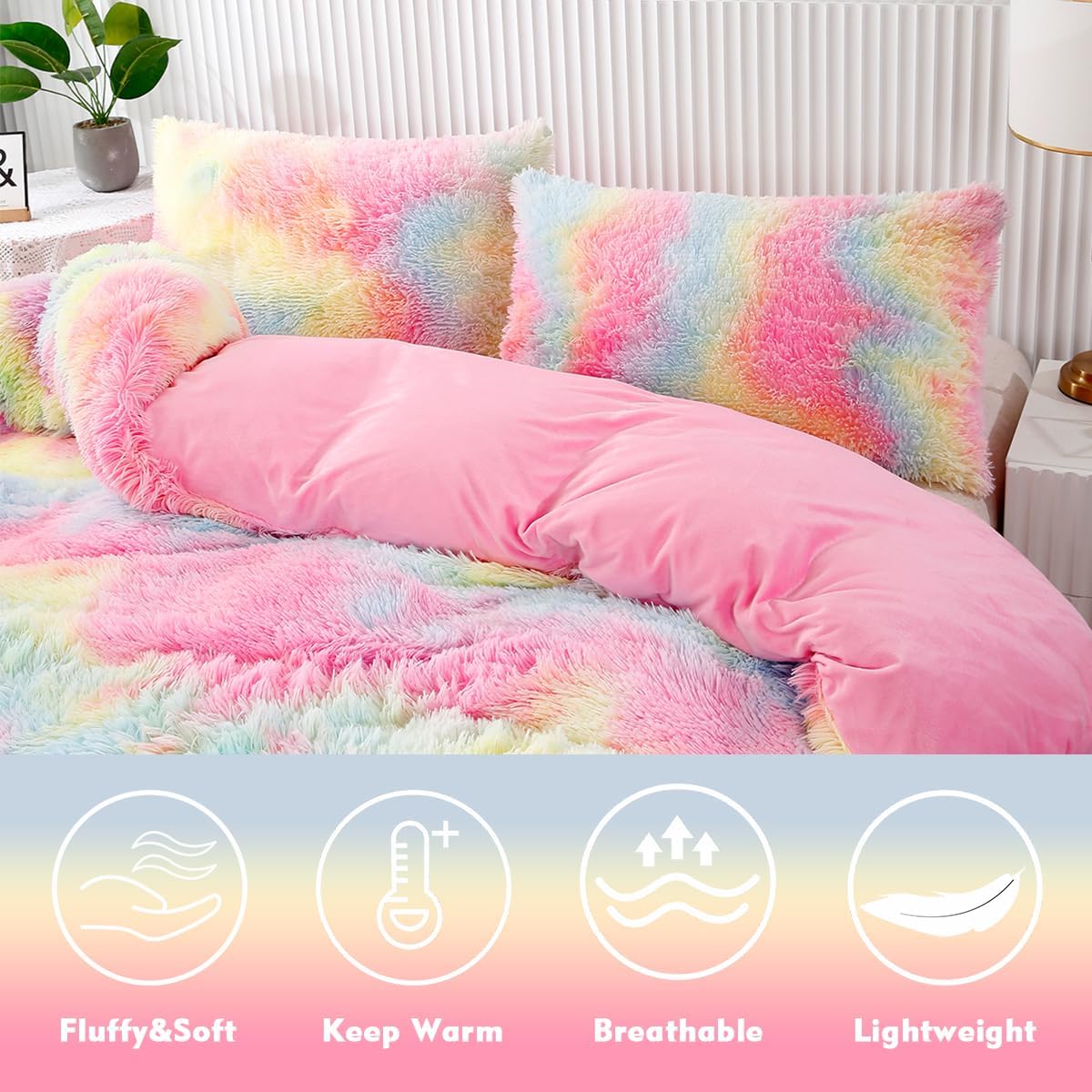 Pink Plush Shaggy Bedding Sets 3 Piece Fluffy Faux Fur Girls Comforter Set Soft Tie Dye Velvet Furry Rainbow