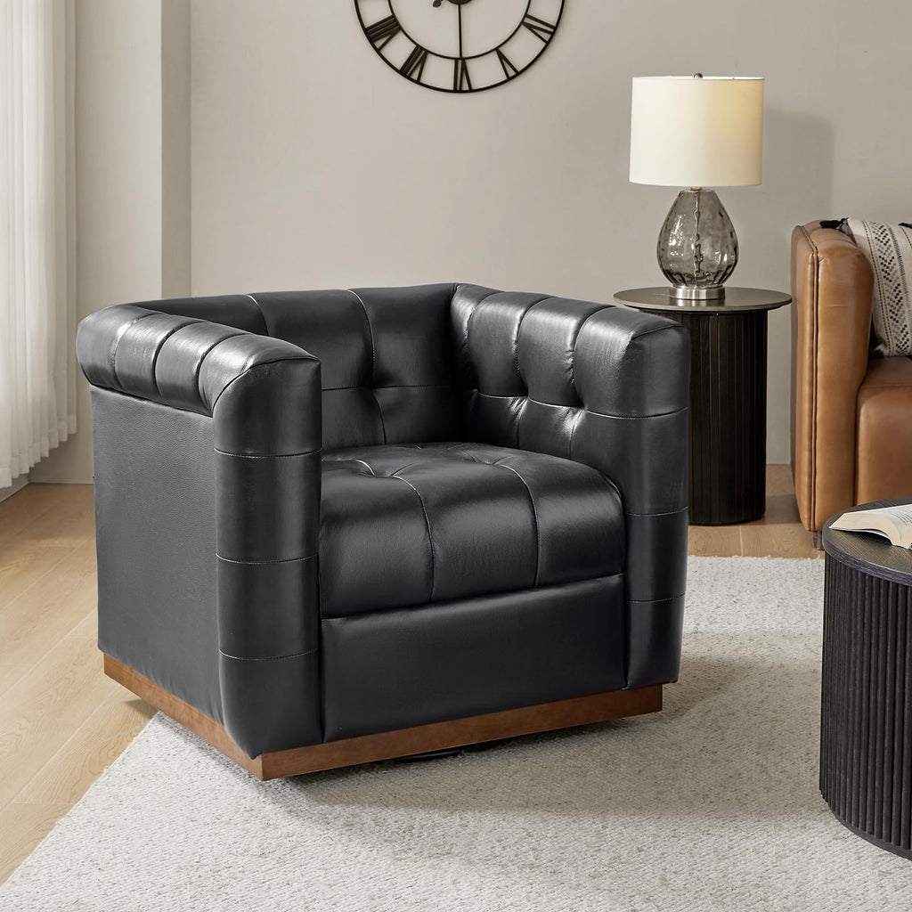 Genuine Leather Swivel Accent Chair with Wooden Base, Mid Century Modern Square Accent Chair Bedroom Club, Black