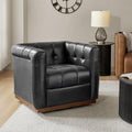 Genuine Leather Swivel Accent Chair with Wooden Base, Mid Century Modern Square Accent Chair Bedroom Club, Black