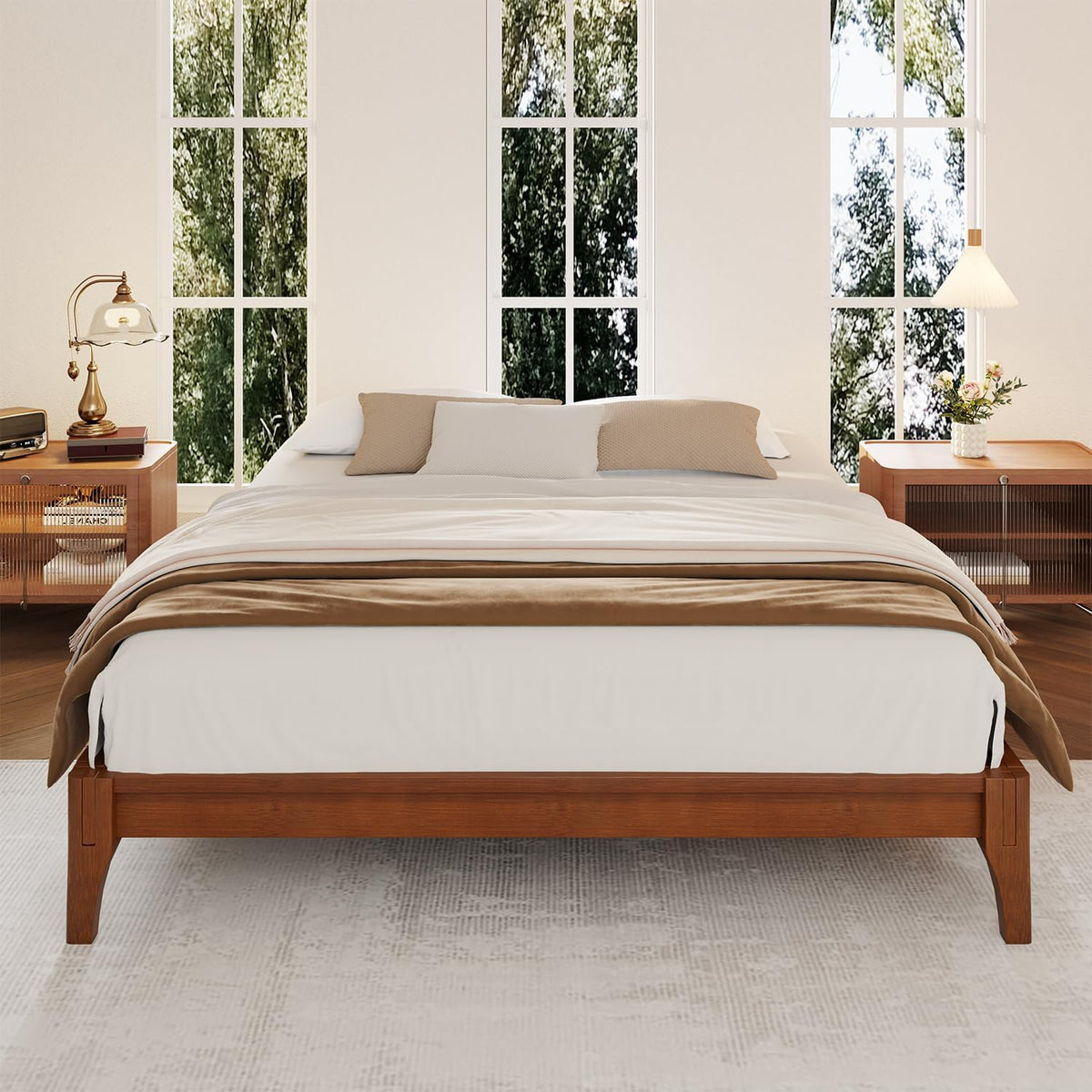 Full Size Japanese Mid-Century Brown Bamboo Wooden Bed Frame