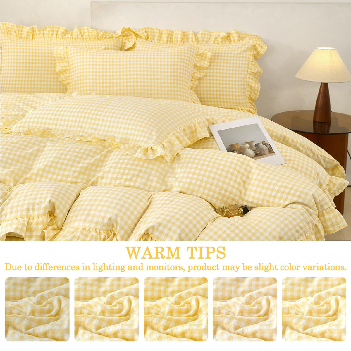3 Pieces Yellow Plaid Gingham Ruffle Duvet Cover Set