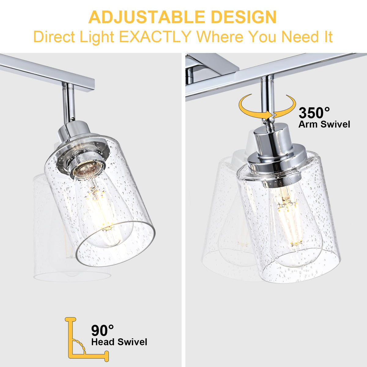 Chrome Track Light Fixture Ceiling Track Lighting Kit with Seeded Glass Track Lighting Heads Ceiling Vanity