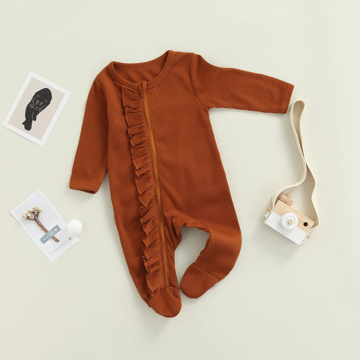 Newborn Baby Girl Footie Waffle Knit Romper Zippers Ruffle Jumpsuit Fall Winter Clothes (Jacinth Waffle, )