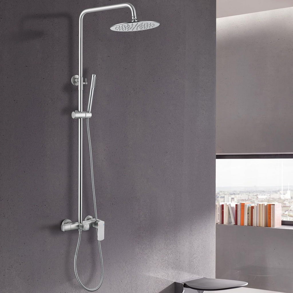 Exposed Shower System with Tub Spout, Brushed Nickel Exposed Pipe Shower Faucet with 3 Functions Brass Shower Valve
