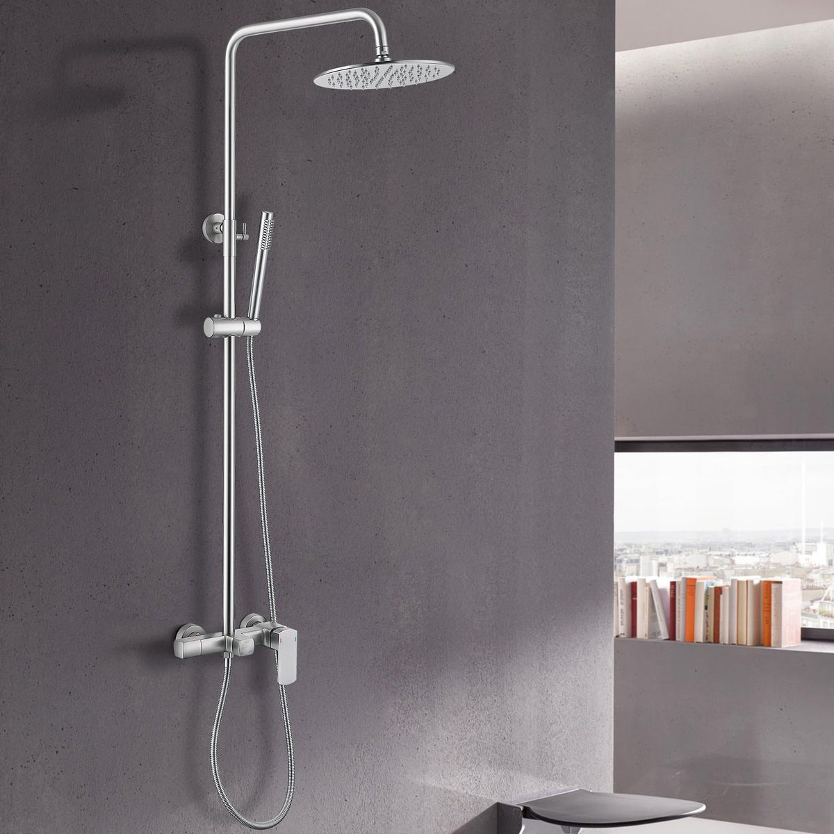 Exposed Shower System with Tub Spout, Brushed Nickel Exposed Pipe Shower Faucet with 3 Functions Brass Shower Valve