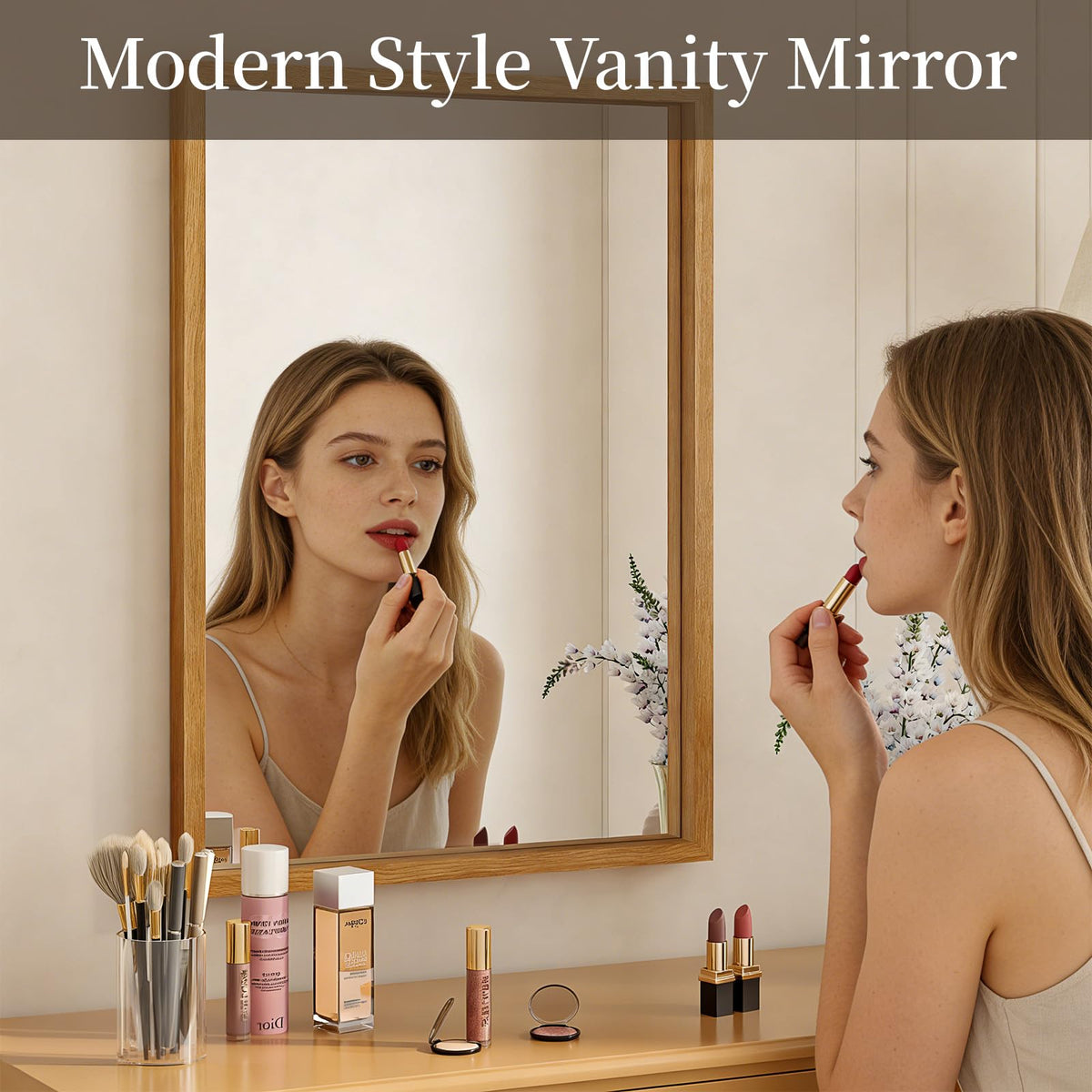 Natural Wood Frame Bathroom Mirror, 24x36'' Modern Vanity Mirror for Wall, Waterproof Slim Deep Frame, Rectangular HD