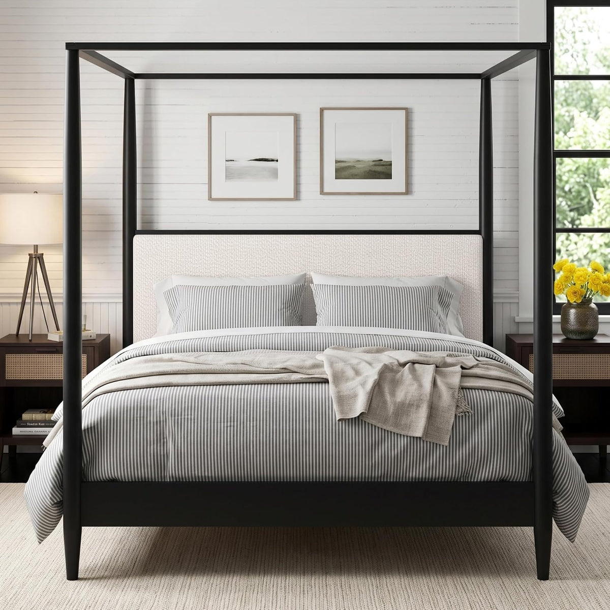 Solid Wood Canopy Bed Frame with Upholstered Headboard