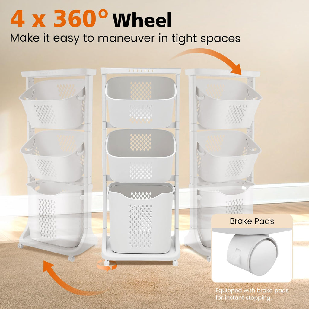Rolling Laundry Hamper Cart with Wheels, 3 Tier Laundry Baskets