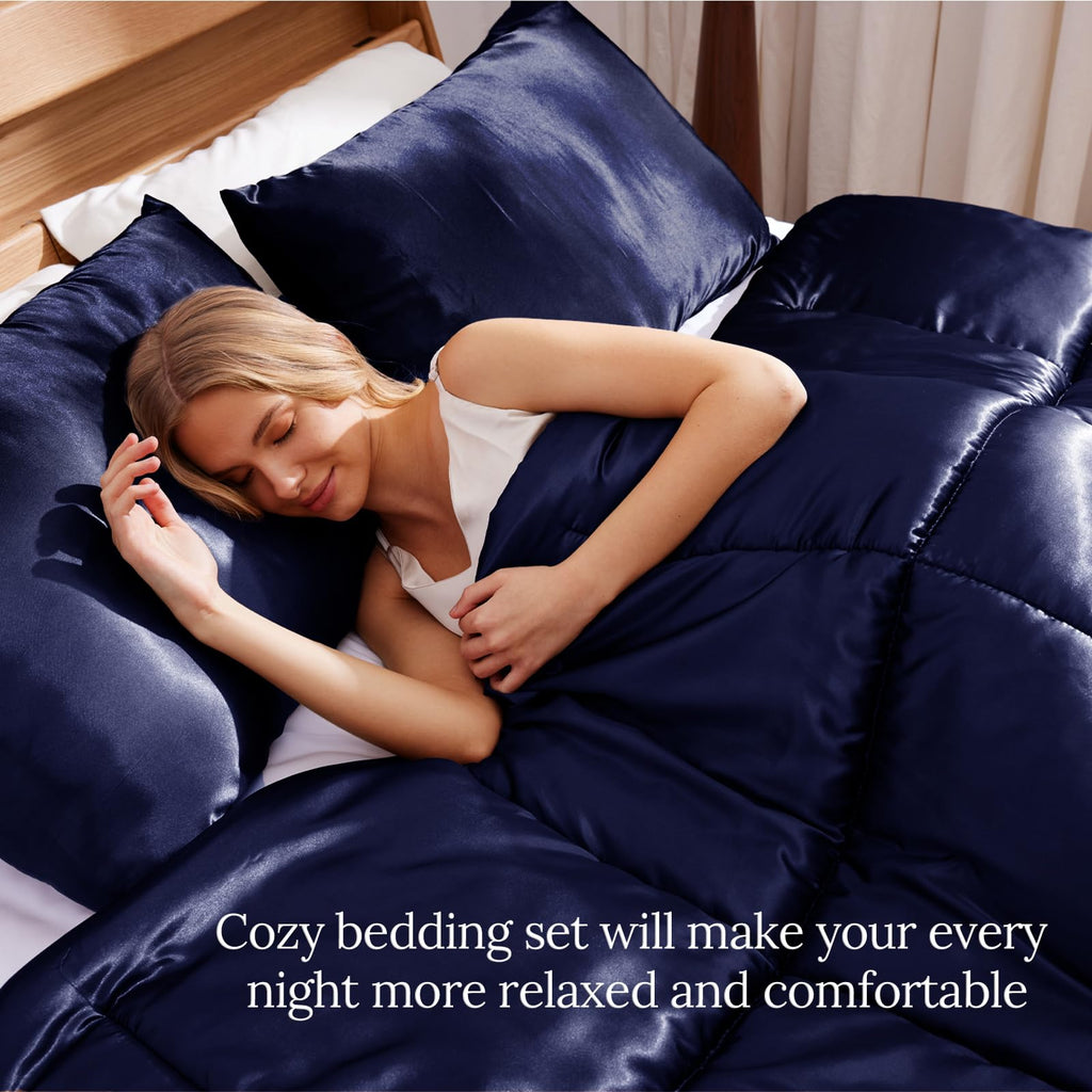 Reversible Satin Comforter Set for All Season, Navy