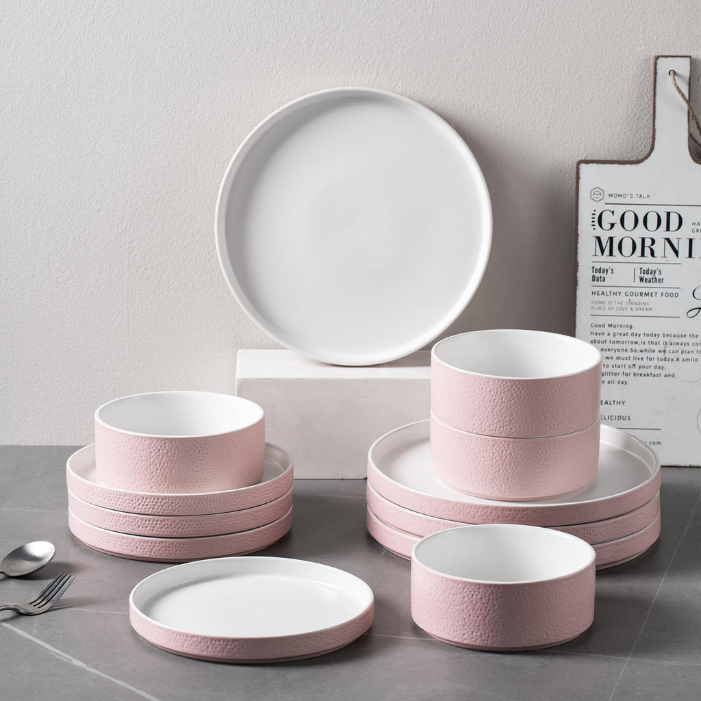 Pink Ceramic Dinnerware Set for 4, 12 Piece Porcelain Plates and Bowls Set for 4, Modern Stoneware Chip and Scratch