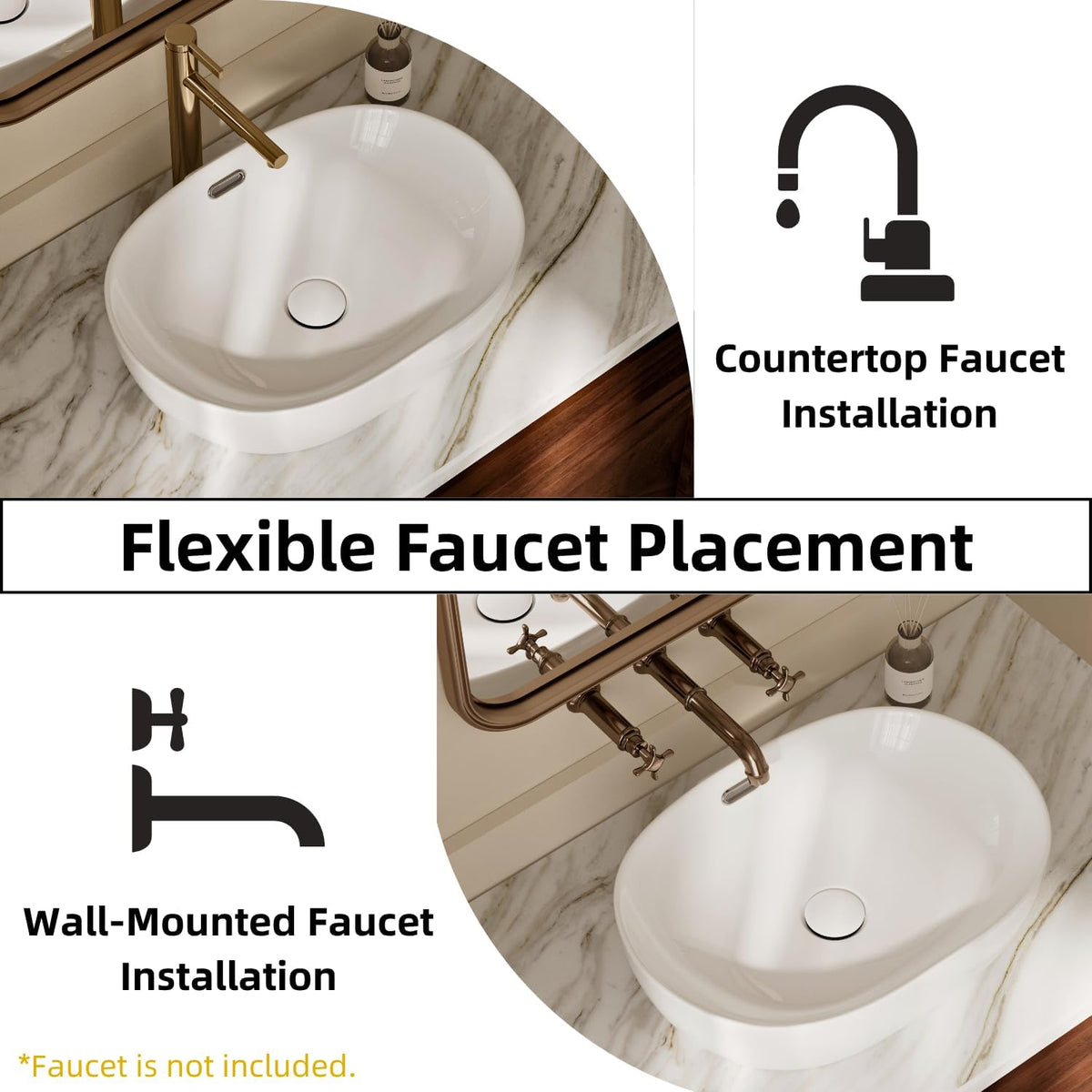19"W x 14"D Oval Vessel Sink with Overflow, Los Flexi 19 Inch Oval White Ceramic Countertop Bathroom Sink
