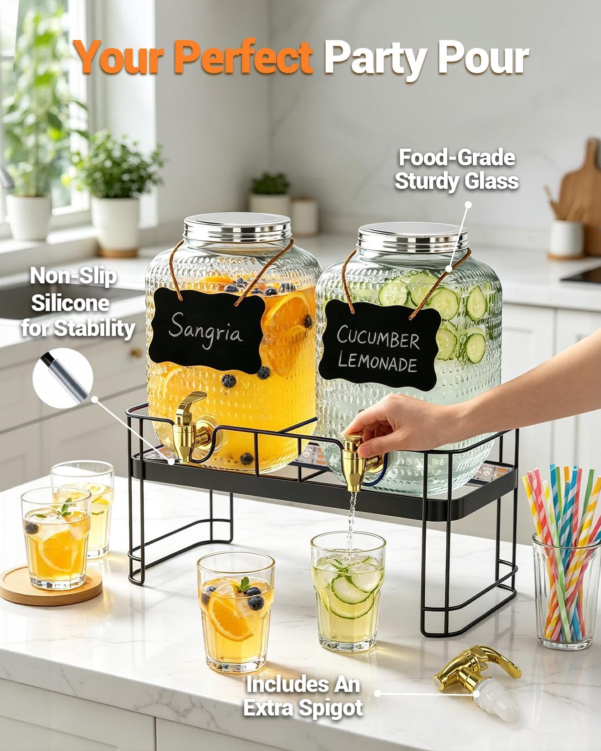 Drink Dispensers for Parties, 2 Pack 1 Gallon Glass Jars with LED Stand - Set of 2