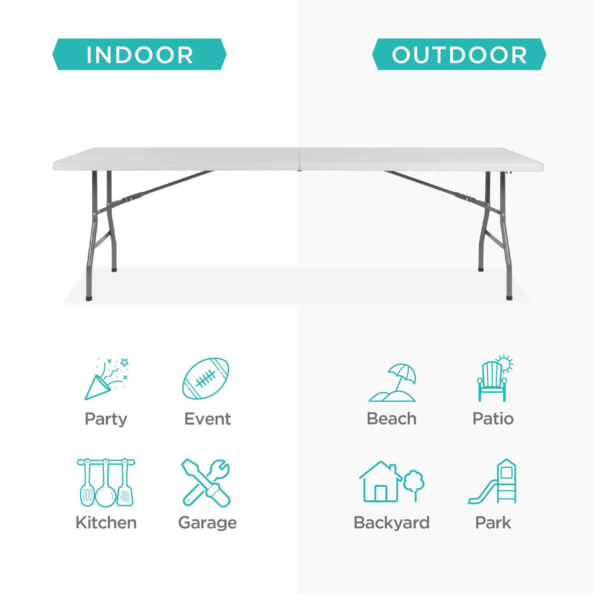 8ft Plastic Folding Table, Indoor Outdoor Heavy Duty Portable w/Handle, Lock for Picnic, Party, Pong, Camping - White