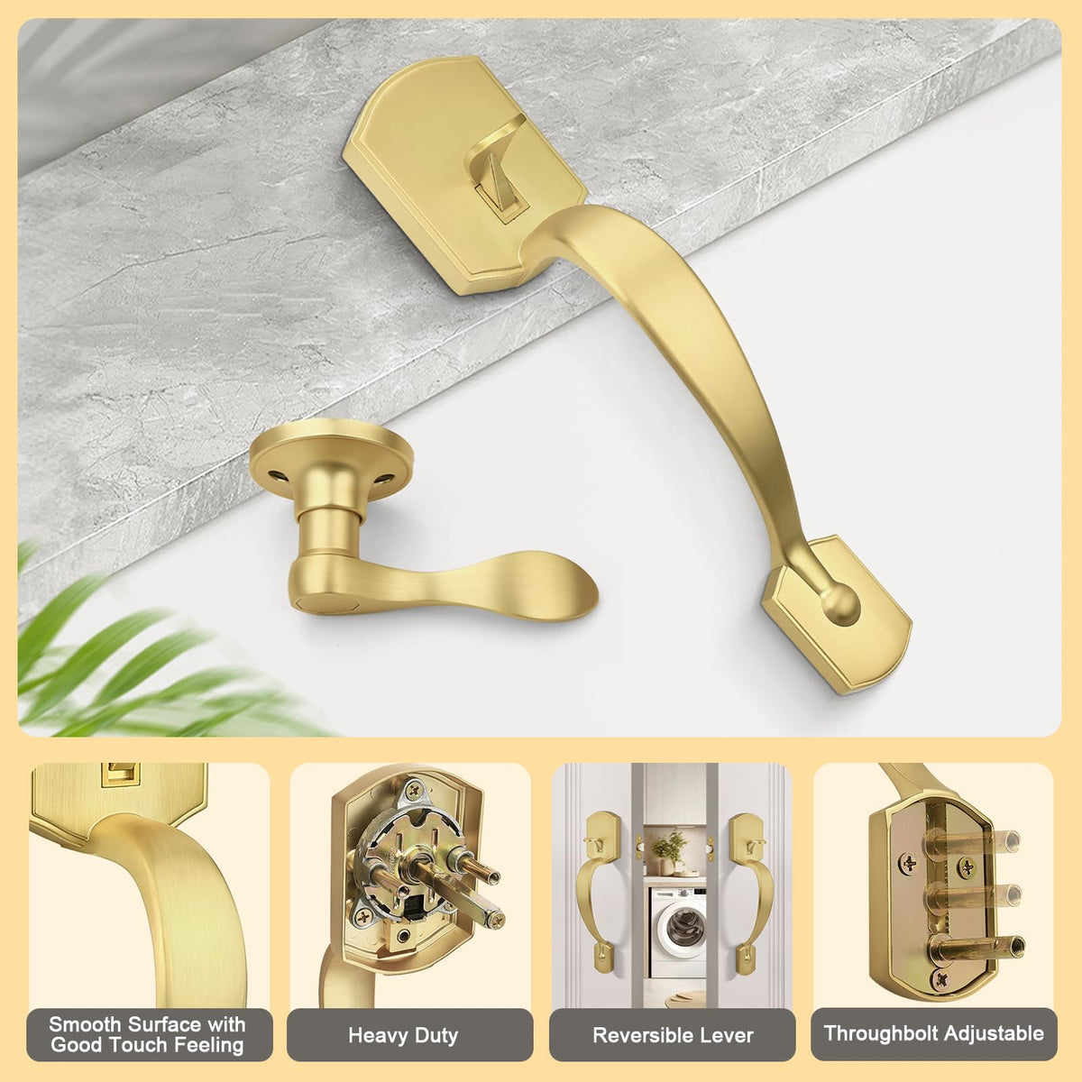 Front Door Handle,Brushed Gold, Heavy Duty Exterior Door Handle with Reversible Lever, Satin Gold Entry Lock Grip