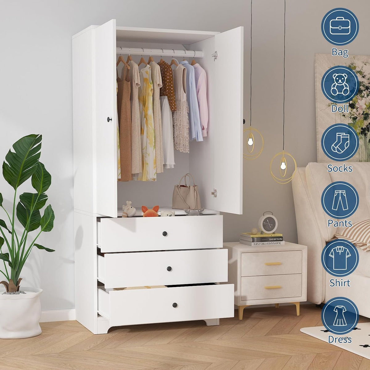 71" Armoire Wardrobe Closet, Bedroom Armoire Clothing Storage Cabinet | 3 Drawers & 2 Doors and Adjustable Shelves